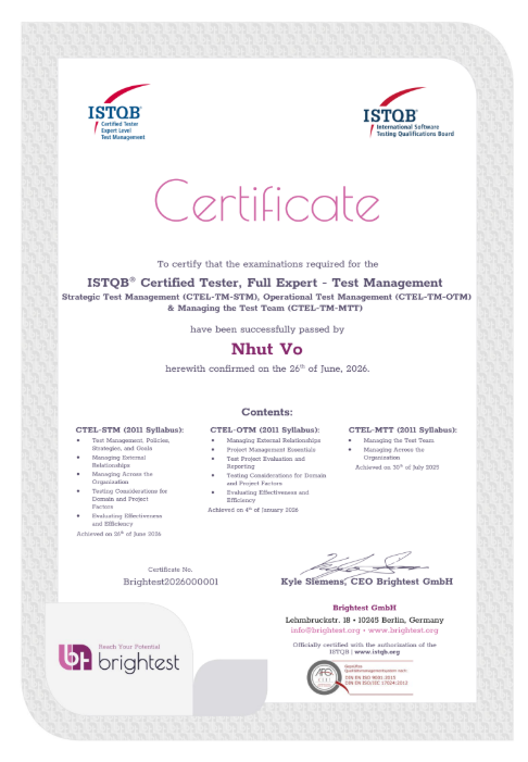 Chứng chỉ ISTQB® CTEL-TM Full Level của Nhựt Võ
